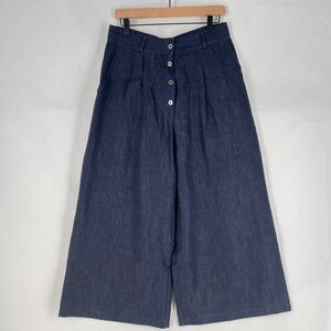 Vivid Linen‎ Blue Linen Denim-Like High Rise Pleated Wide Leg Crop Trousers 12